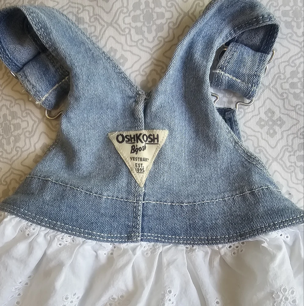 OshKosh B'gosh Blue and White Eyelet Overall Dress 3M